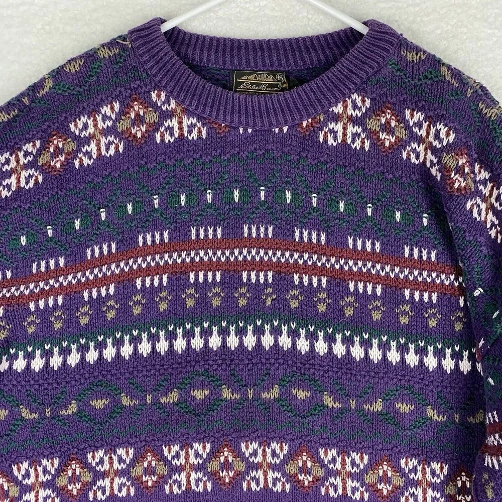 Vintage Eddie Bauer Sweater‎ Mens Size L Purple Geometric Nordic Pullover *READ*